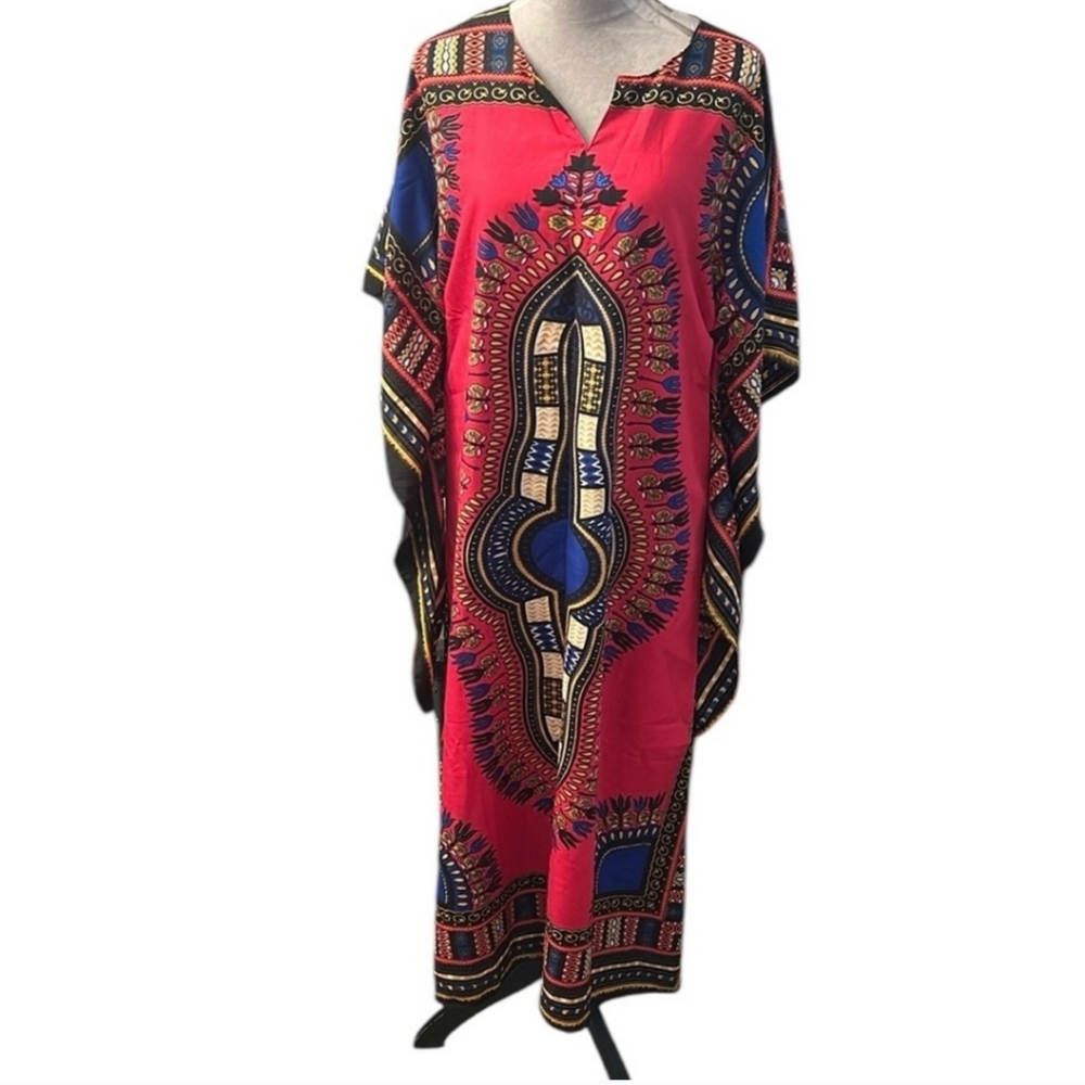 African Print Elegant Red and Blue Kaftan Dress NWT